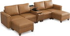 SITJOY 132" Faux Leather Modular Sectional Sofa with Storage, Mid Century Modern Sectional Couches for Living Room, 6 Seat U Shaped Couch with Chaise and Console Table, Hidden Cupholders, Brown