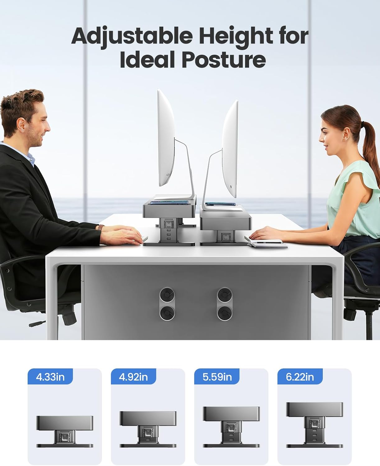 meatanty Dual Monitor Stand with 4 Adjustable Heights, Auto Phone Charging Pad, 4 USB Ports, Computer Riser with Drawers Storage, Metal Double Desk Organizer Lifter Raiser for 2 Monitors Screen Gift