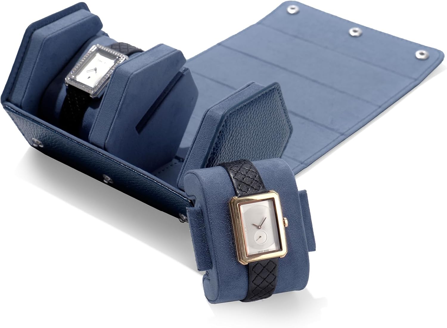 Oirlv Luxury Hexagonal Leather Watch Travel Case Watch Organizer Case for Men Portable Jewelry Storage Roll Organizer(2-Slot,Blue)