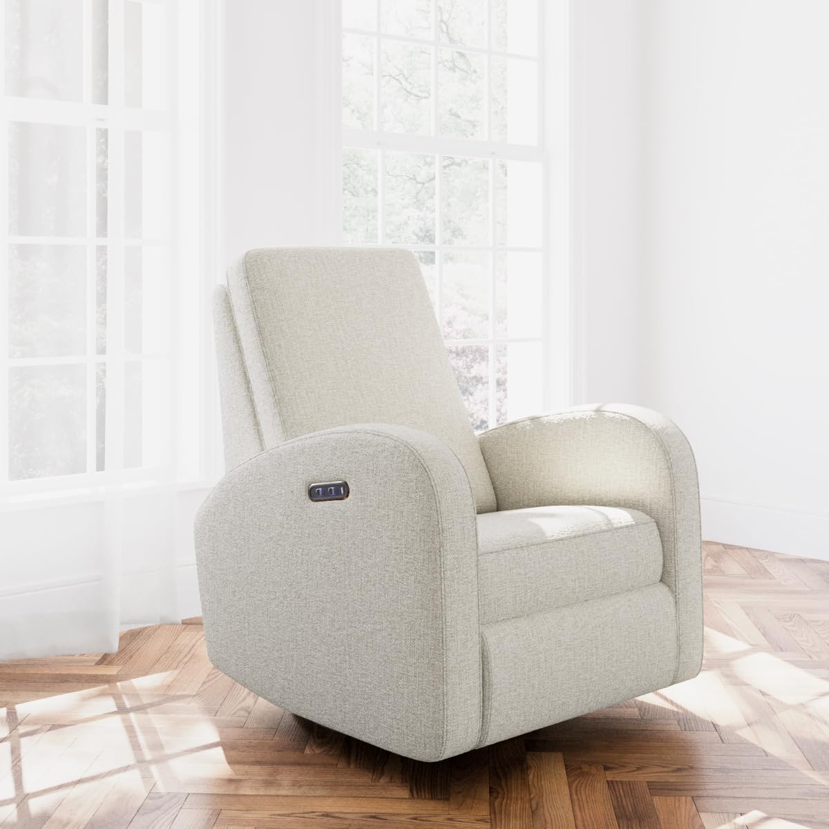 Storkcraft Santa Monica Power Recliner Swivel Glider, Dune Basketweave | Effortless Electronic Power Recline, USB-A & USB-C Charger