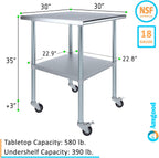 AmGood 30" x 30" Stainless Steel Work Table with Casters | Heavy Duty Metal Utility Table On Wheels | Kitchen Island Cart