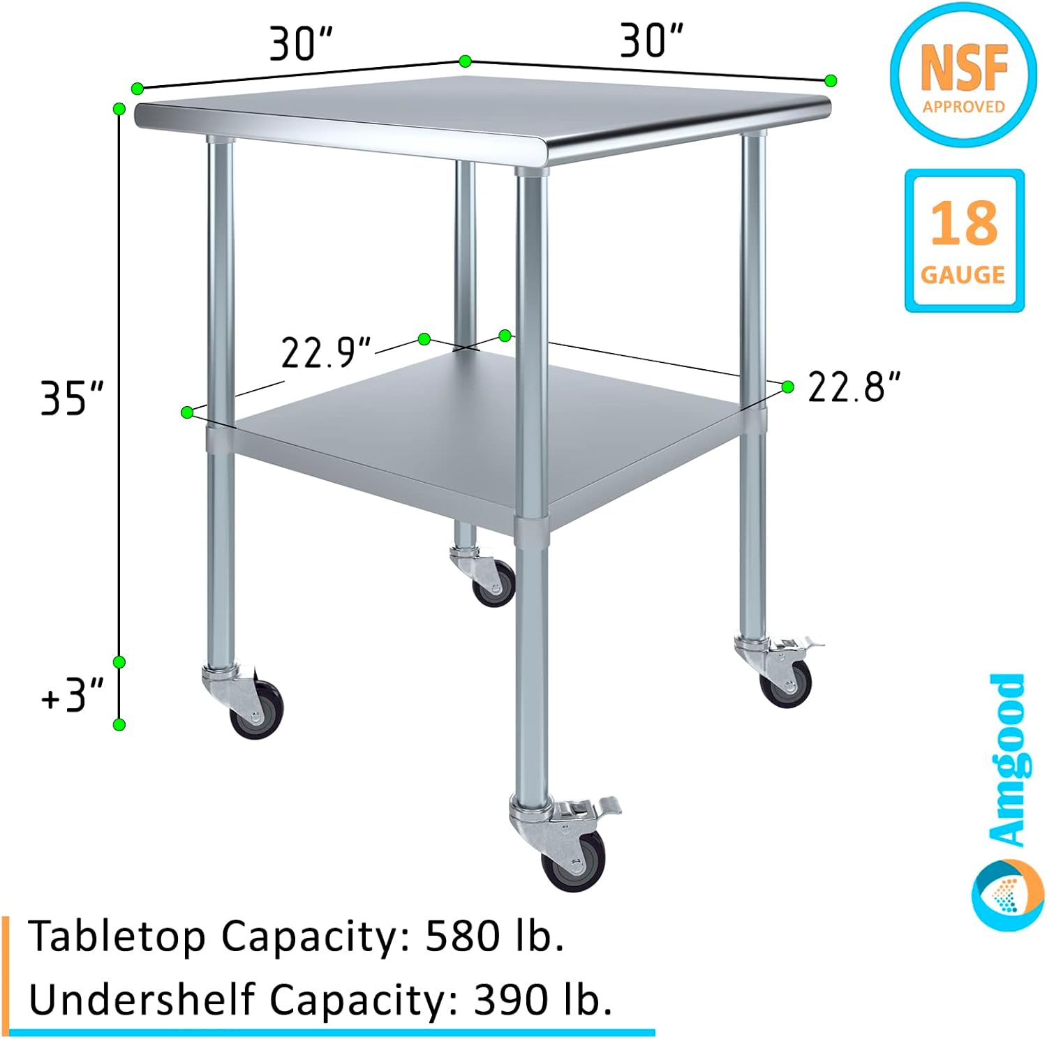 AmGood 30" Long x 30" Deep Stainless Steel Table with Casters