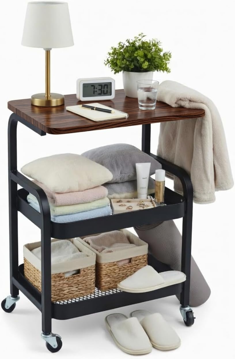 3 Tier Rolling Cart Metal Storage Utility Cart on Wheels, Coffee Cart Bedside Snack Trolley for Kitchen, Bathroom, Office & Living Room Organizer
