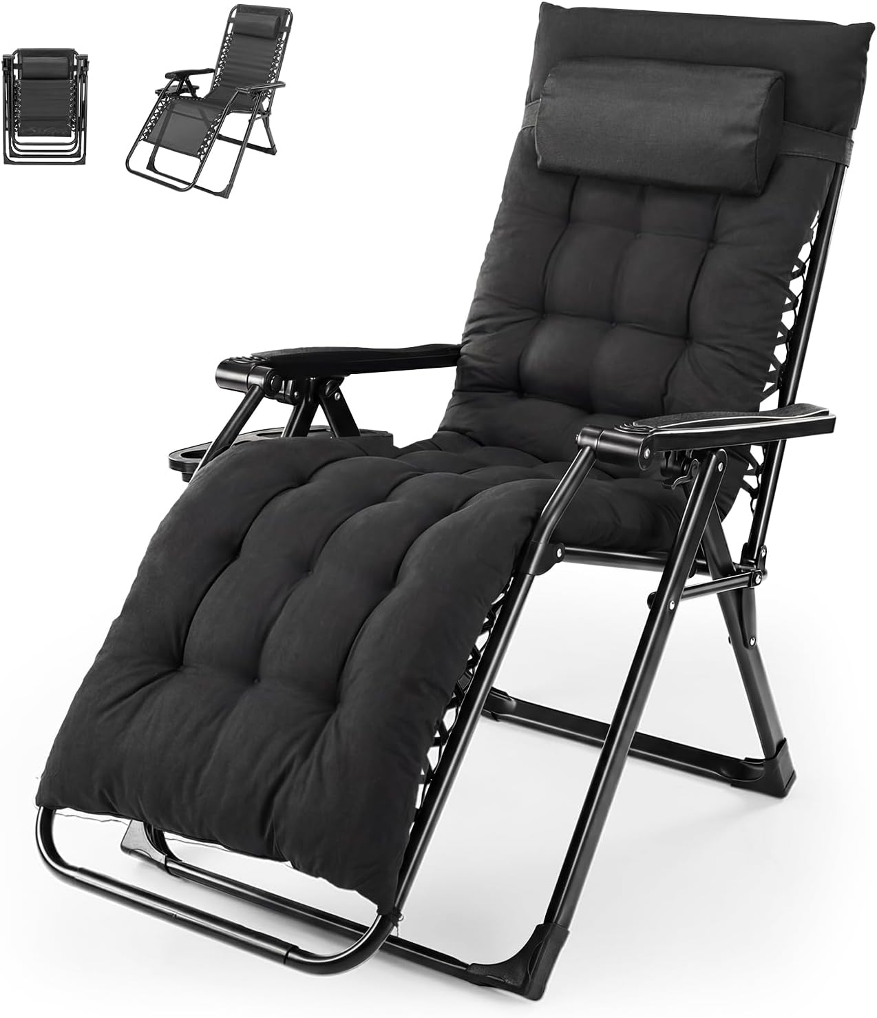 NEWBULIG Zero Gravity Chair, Folding Patio Recliner with Removable Cushion & Cup Holder Trays, Portable Lounge Chair for Beach & Camping, Classic Black