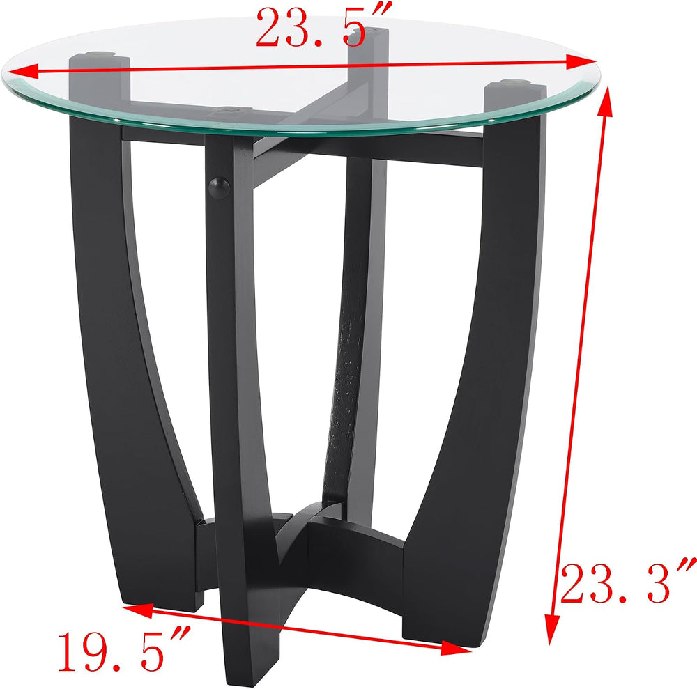 Round End Table with Clear Tempered Glass Top, Black Wood Base, 23.5 Inch, Co...