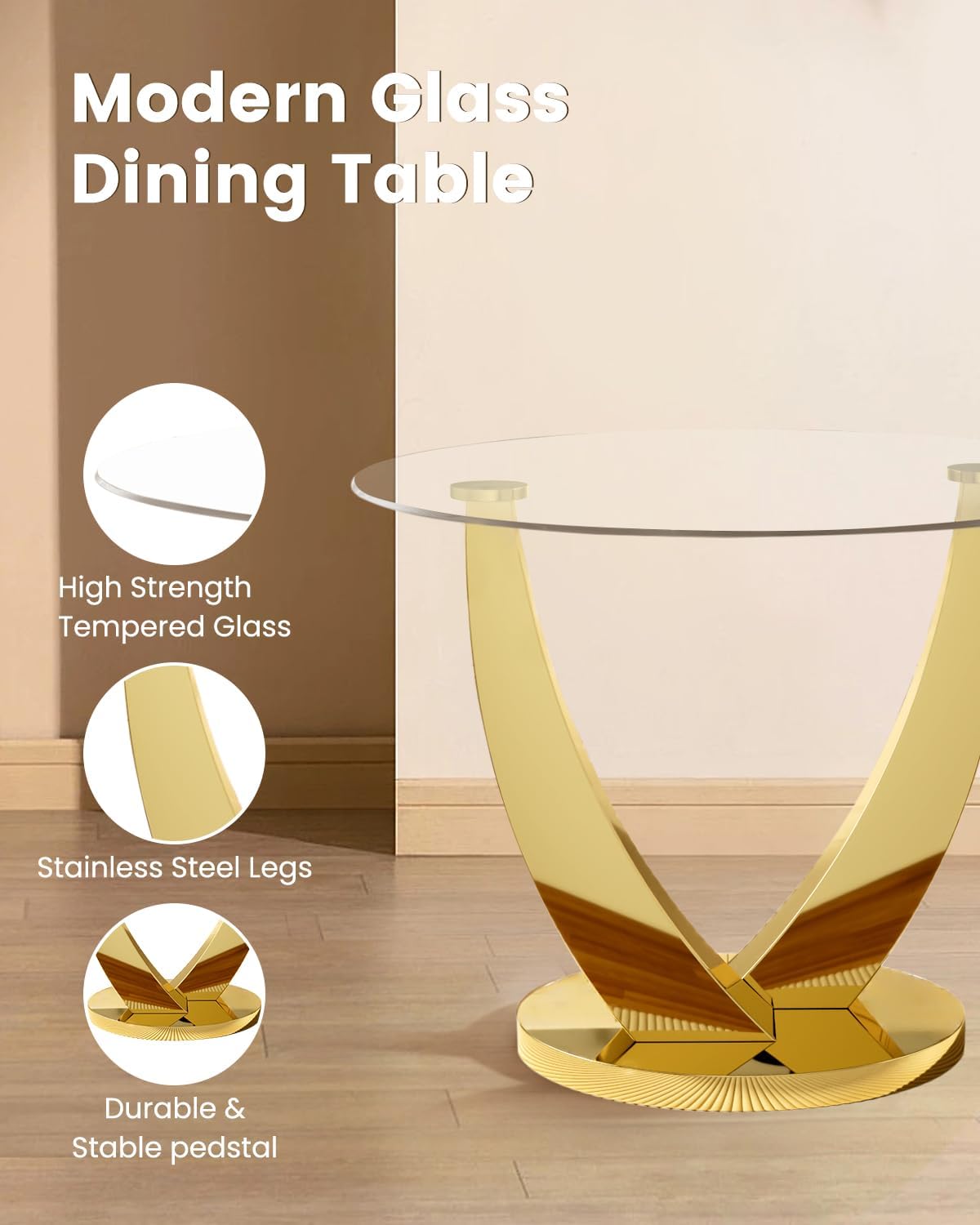 38.9" Round Glass Dining Table Set for 4, Modern Kitchen Table with 4 Upholstered Velvet Chairs, Tempered Glass Top with Golden Steel Base, 5 Pieces Dining Table Set for Small Space - Beige