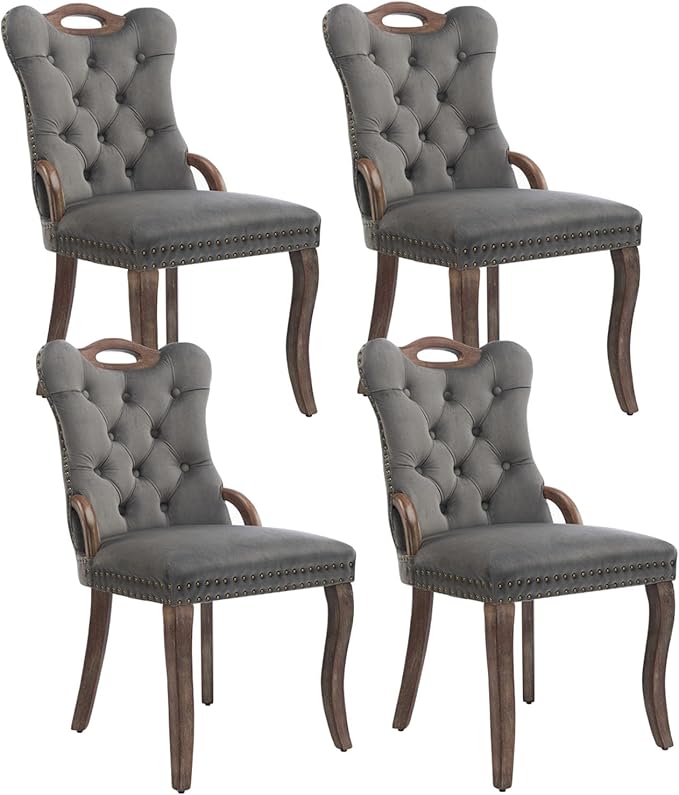 Grey Velvet Dining Chairs Set of 4，Modern Upholstered Dining Room Chairs with Tufted Back and Wood Accents, Curved Solid Wood Legs & Nailhead Trim, Sillas De Comedor Modernas 4