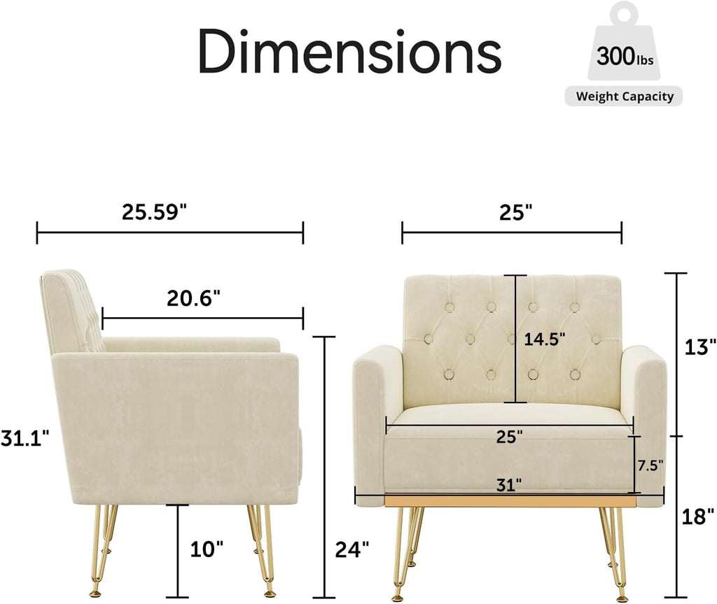 Olela Accent Chair with Arm for Living Room, Velvet Modern Armchair Single Sofa Cozy Tufted Upholstered Reading Side Chairs with Gold Metal Leg for Bedroom Decorate