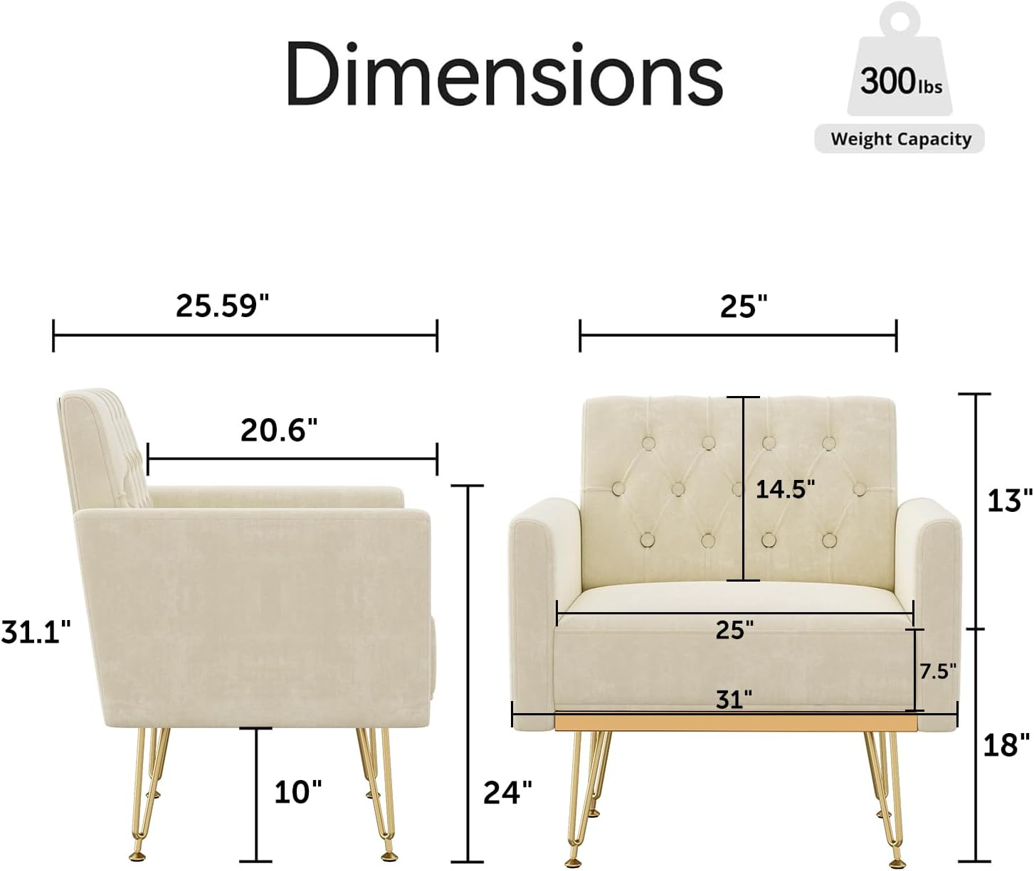 Olela Accent Chair with Arm for Living Room, Velvet Modern Armchair Single Sofa Cozy Tufted Upholstered Reading Side Chairs with Gold Metal Leg for Bedroom Decorate
