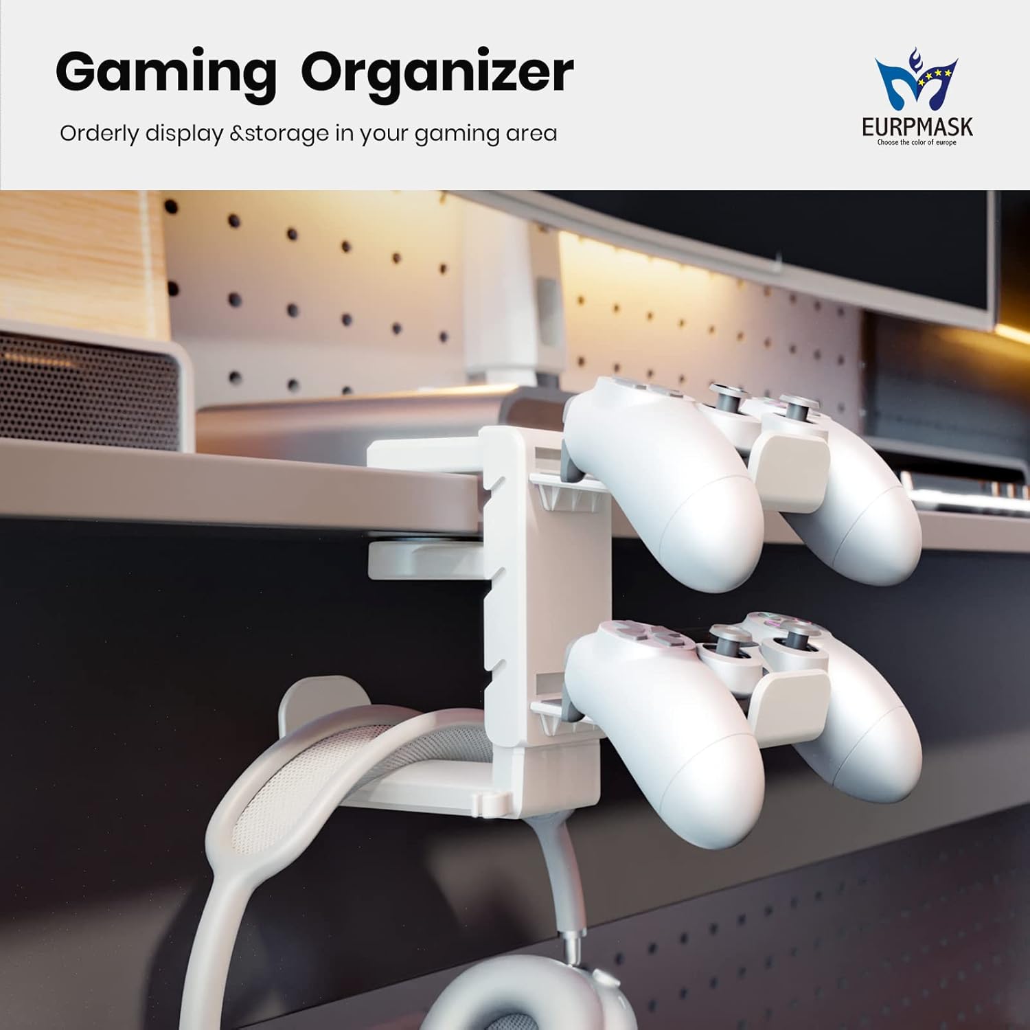 3-in-1 PC Gaming Headset&Controller Holder - EURPMASK Headphone Stand w/Adjustable Clamp&2 Controller Holder&Rotating Arm&Cable Organizer, Universal PC Gaming Accessory Controller Headset Stand-White