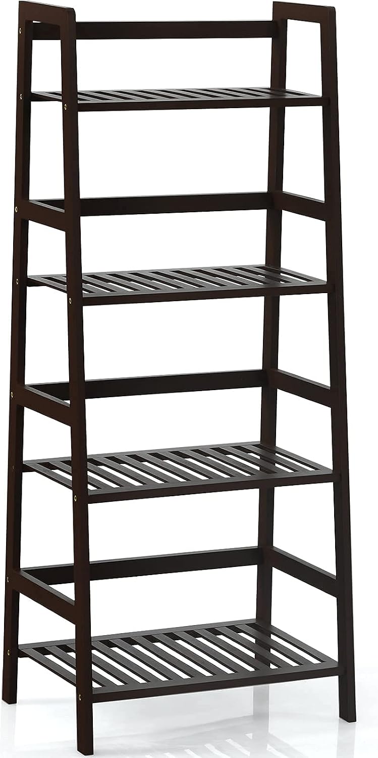 Giantex 4-Tier Ladder Shelf, Multifunctional Ladder-Shaped Bookcase Storage Shelves, Bamboo Plant Stand Flower Pots Holder, Display Rack for Living Room Bathroom Bedroom Kitchen (Espresso)