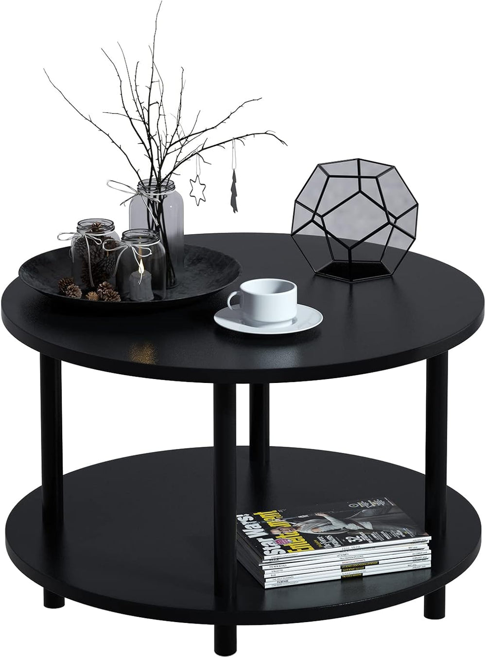 Small Round Coffee Table with Open Storage for Small Space, 23.5" Black ...