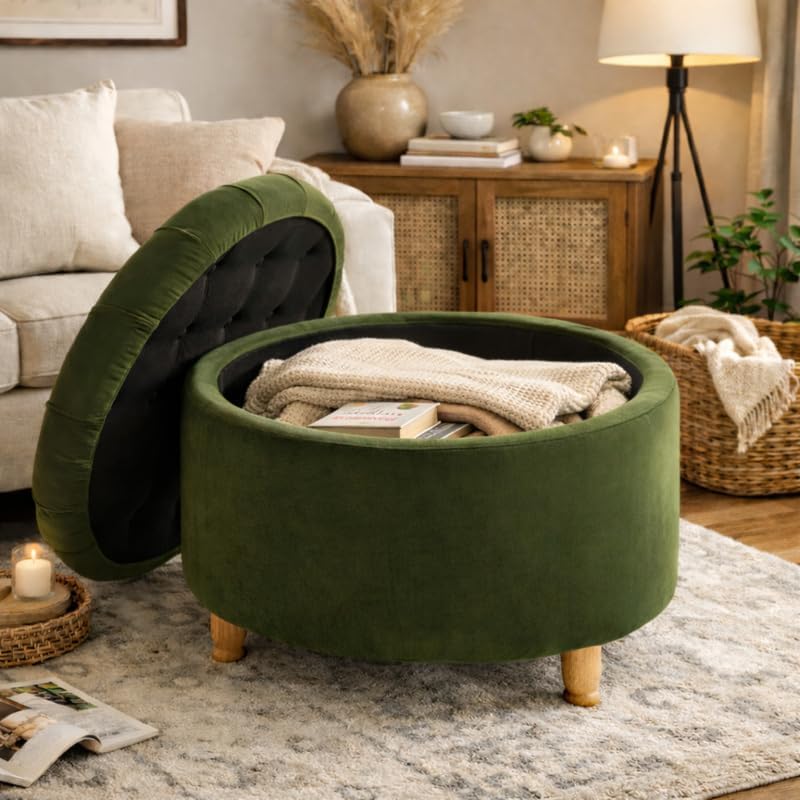 Niche Knight 28-Inch Large Round Pintucked Storage Ottoman with Lift-Off Lid,...