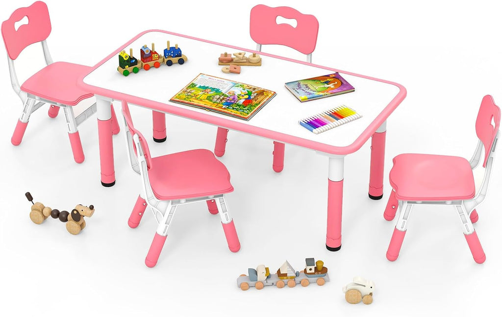 INFANS Kids Table and Chiar Set, Height Adjustable Toddler Desk and 4 Chairs with Graffiti Desktop Non-Slip Legs, Large 47" L x 23.5" W Multi-Activity Art Table for Daycare Classroom Home (Pink)