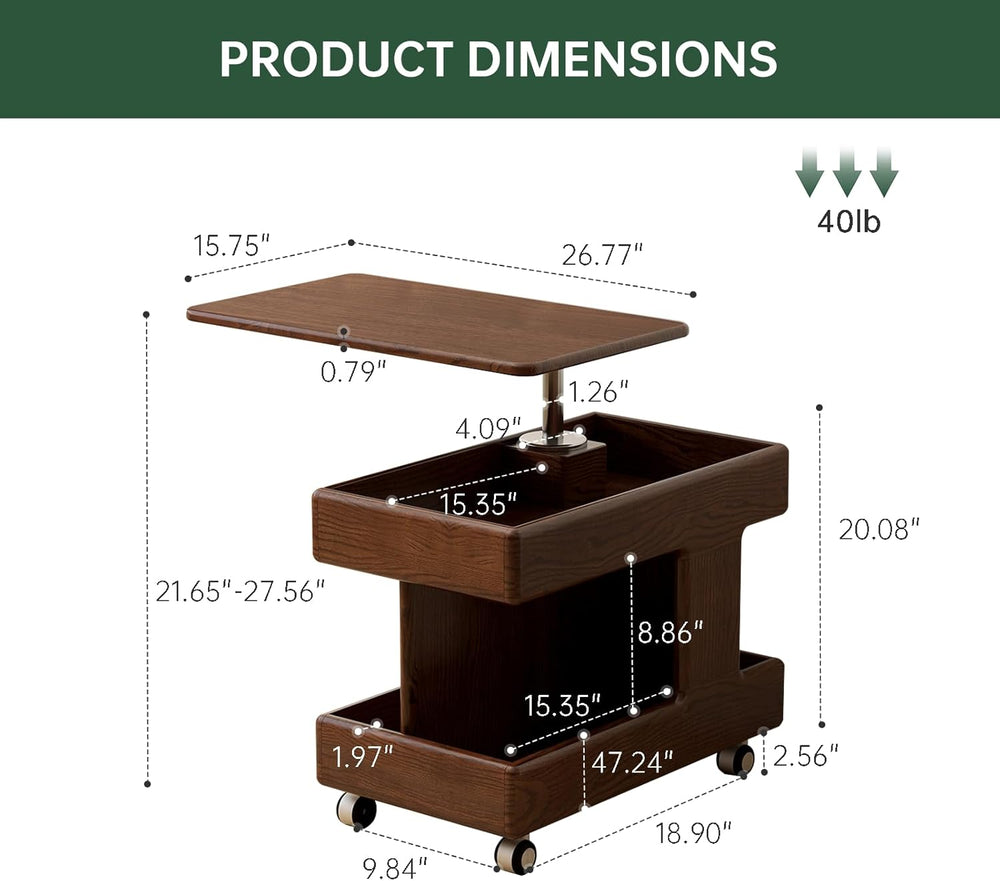100% Solid Wood Lift Top End Table with Swivel Top, Sofa Couch Table with Whe...