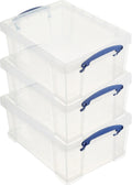 Really Useful Box Stackable 9 Liter Plastic Storage Container Bin with Snap Lid and Built-In Clip Lock Handles for Home & Office Organization (3 Pack)