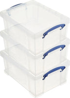 Really Useful Box Stackable 9 Liter Plastic Storage Container Bin with Snap Lid and Built-In Clip Lock Handles for Home & Office Organization (3 Pack)