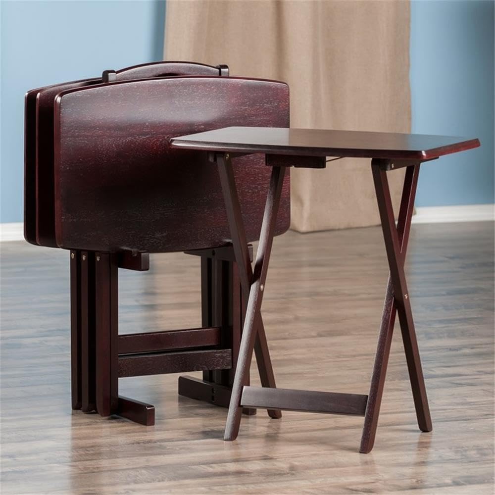 MAKLAINE 5-Piece Oversized Solid Wood Snack Table Set, Espresso Finish, Folda...
