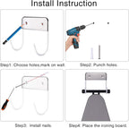 Ironing Board Hanger Wall Mount, Ironing Board Holder for Y or T Shaped,Stainless Steel Wall Hook Iron Board Holder for Laundry Rooms with 2 Hooks (White)