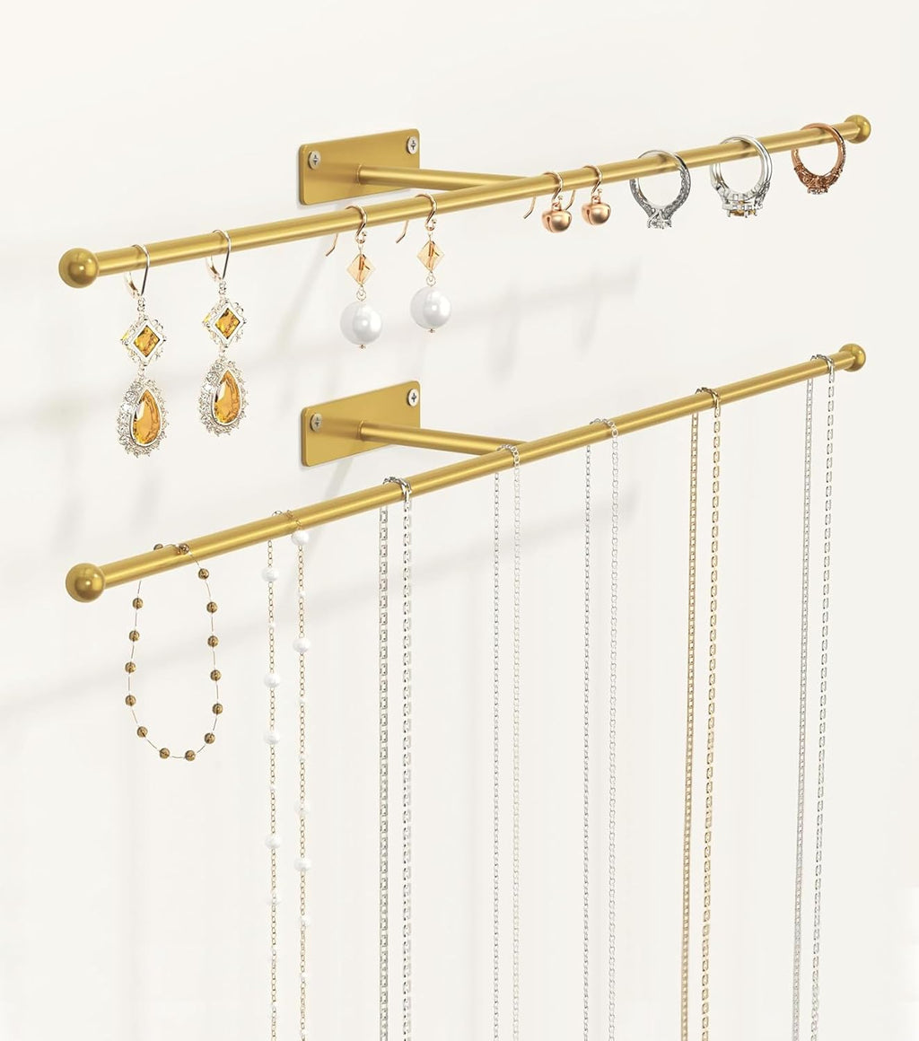 Wall Hanging Jewelry Organizer: 12.6'' Necklace Holder for Earring, Bracelet, Rings, Hairband, Glasses, Gold 2-Pack, Screws Included