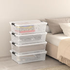 Sandmovie 4-Pack 25 Qt Plastic Under Bed Storage Organizer Bin with Latch Lids and Wheels, Underbed Plastic Container, Clear