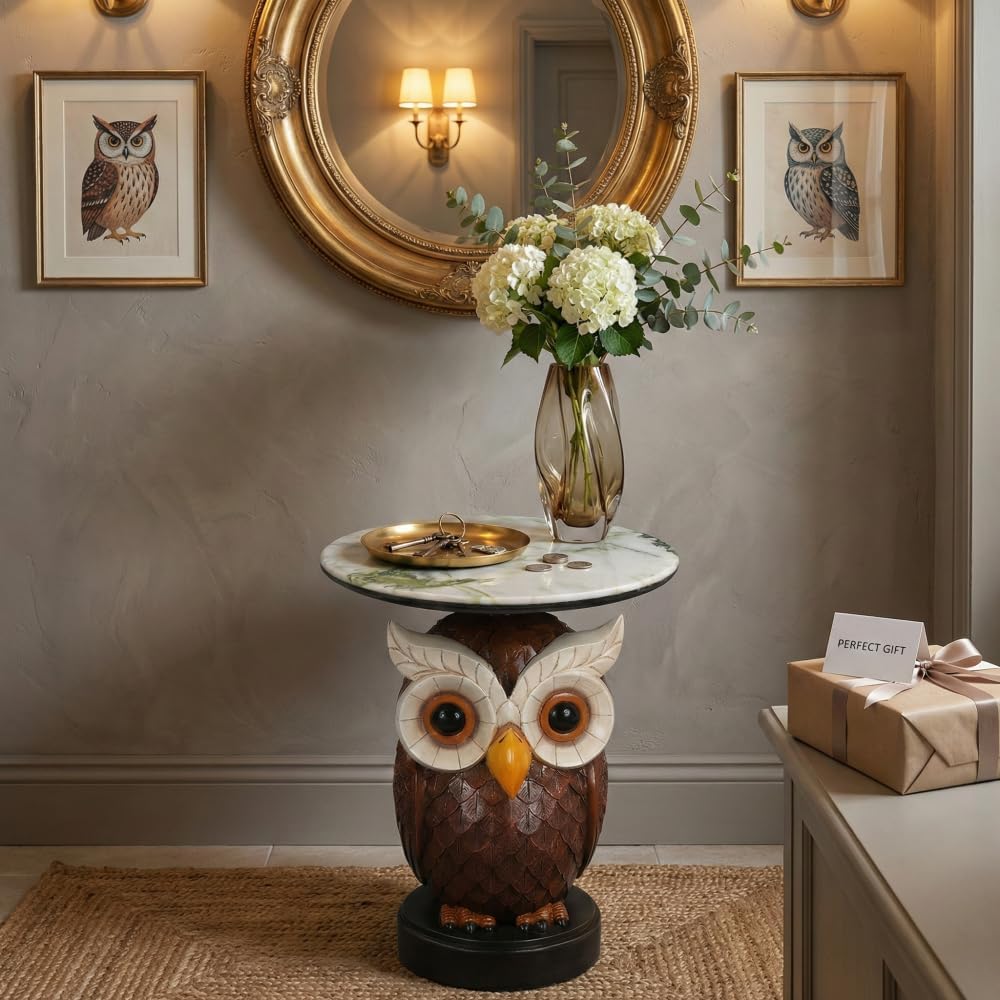 Owl Side Table, Round End Table with Faux Marble Top, Resin Owl Statue Base, ...