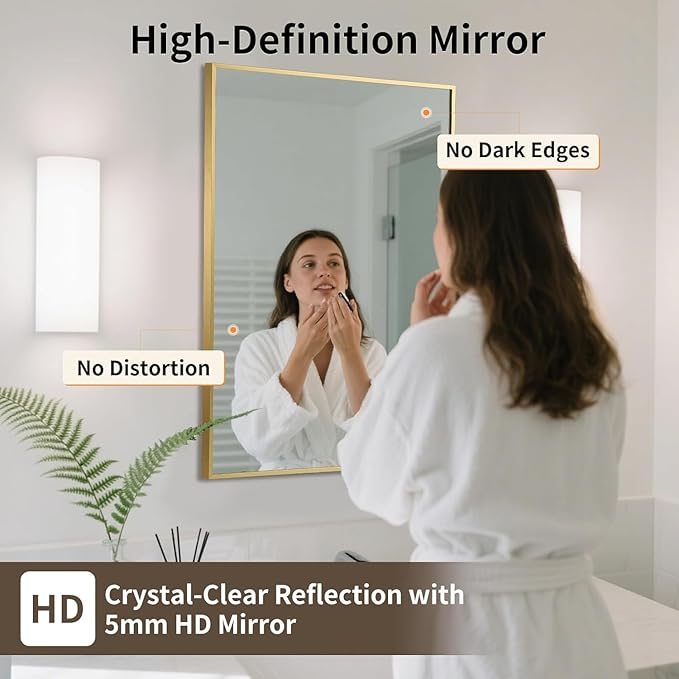 Brushed Gold Mirror, 24x32 Inch Aluminum Framed Rectangle Mirror, Anti-Rust, Tempered Glass, Square Corner Wall Mirror for Over Sink, Vanity, Bedroom, Entryway, Horizontal/Vertical