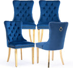 Velvet Upholstered Dining Chairs Set of 4, Modern Style Kitchen Side Chairs with Nailhead Trim and Gold Plated Leg, Metal Pulling Ring for Dining Room Living Room(Blue-Gold Plated Leg)