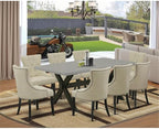 East West Furniture X697FR102-9 9 Piece Dining Set Includes a Rectangle Dining Room Table with X-Legs and 8 Light Beige Linen Fabric Upholstered Chairs, 40x72 Inch, Multi-Color