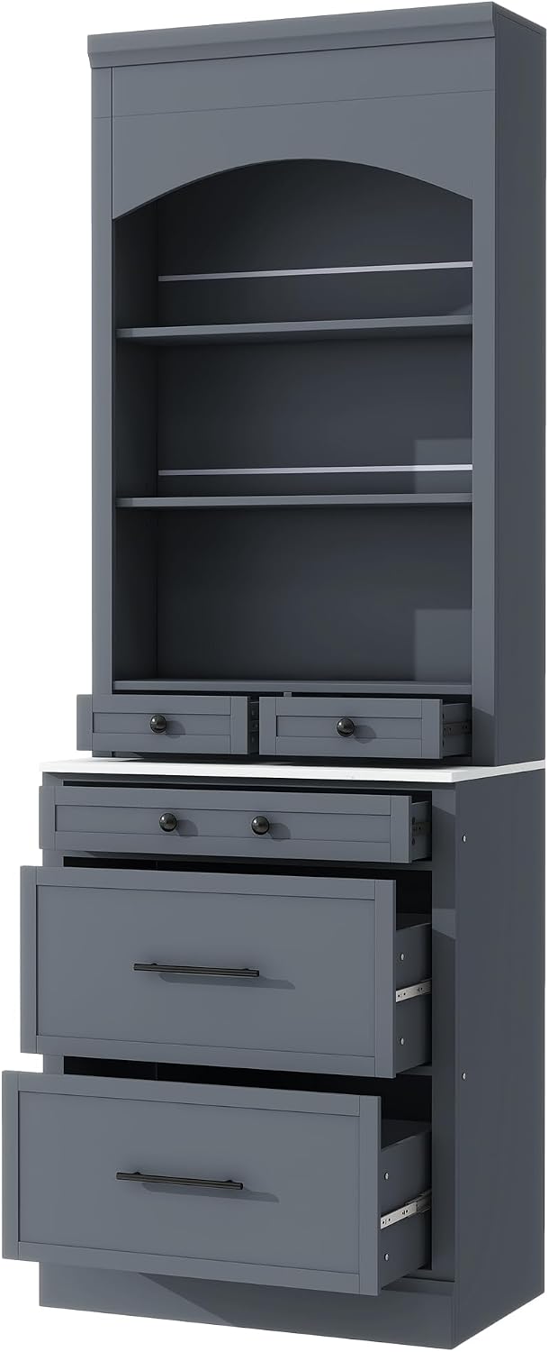 Freestanding Kitchen Pantry with 5 Dawers, 2 Shelves, Faux Marble Top, Rectan...