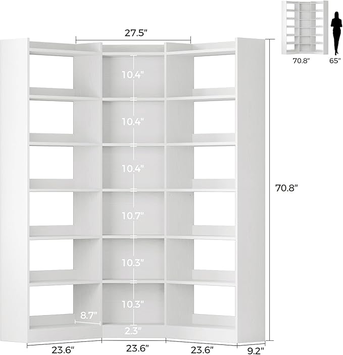 IRONCK Corner Bookshelf, 7-Tier Bookshelf with Storage, Corner Bookcases with Baffles Etagere Shelf for Living Room Home Office Bedroom, White