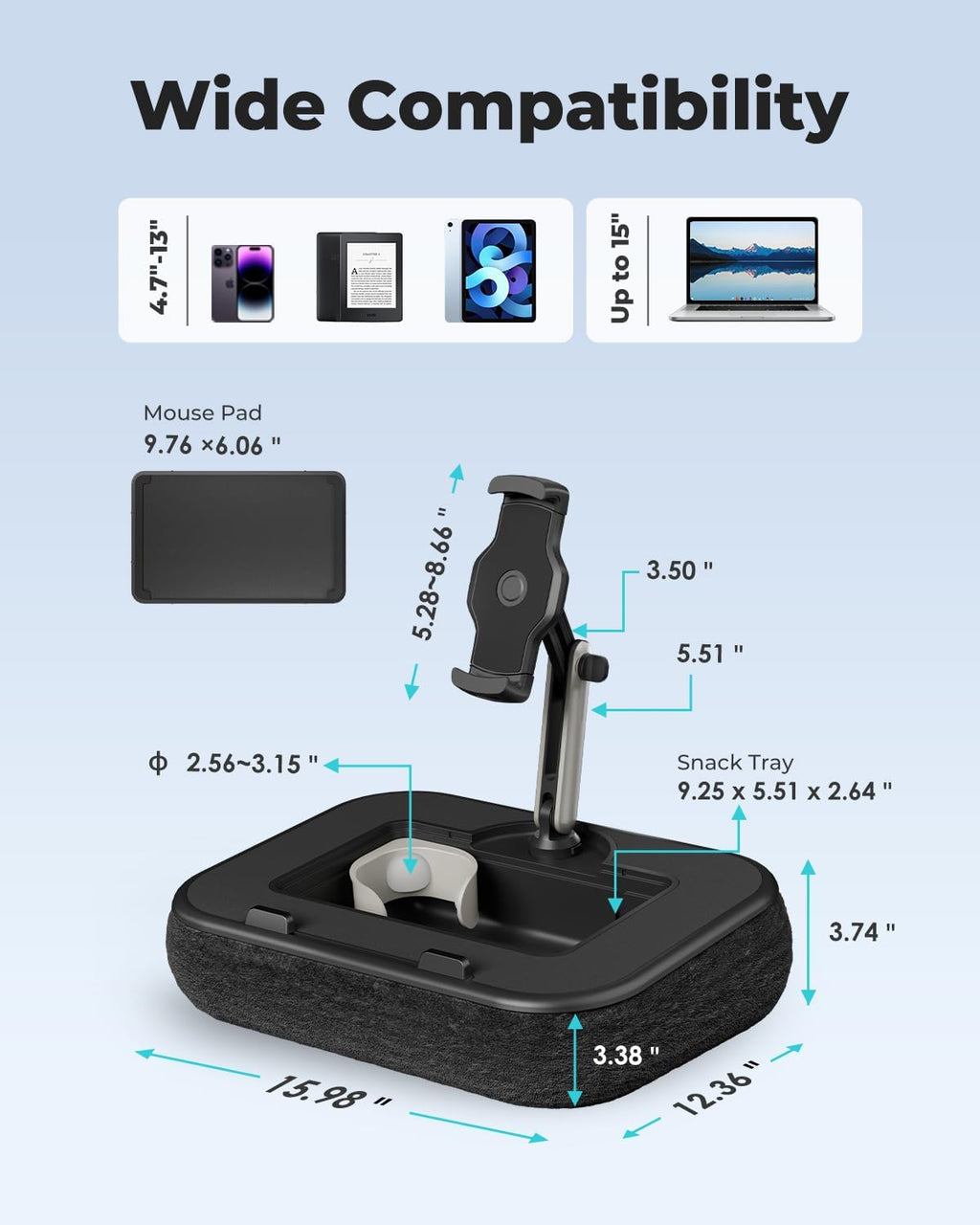 Viozon Kindle Pillow Stand Holder, Phone holder for Bed, Laptop Lap Desk with Mouse Pad,Compatible with 4.7-13" Kindle/Tablet/Phone,10-15"Laptop, Snack Bowl&Cup Attachment&Detachable 360°Stand Arm, B