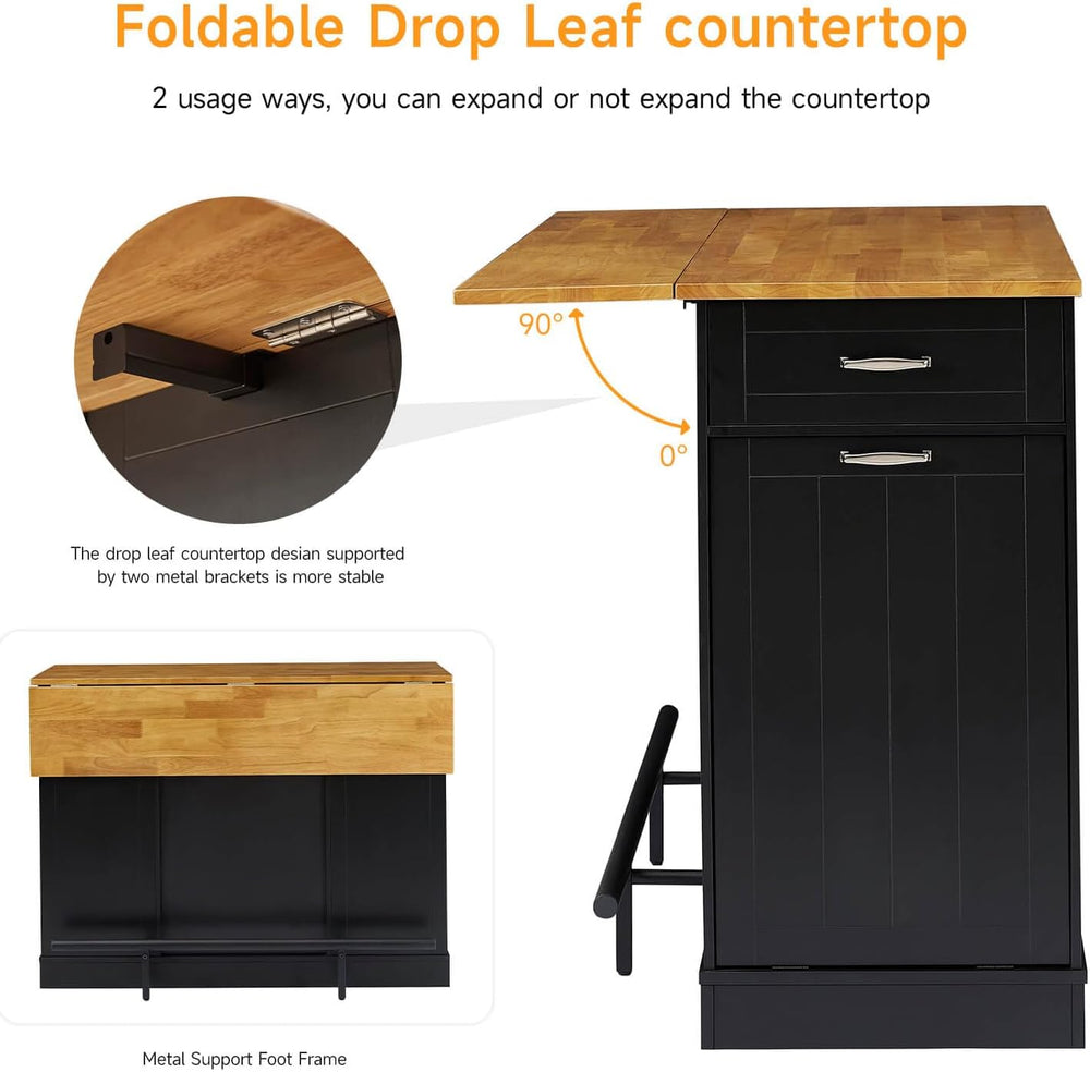 ONBRILL 47" Kitchen Island with Trash Can Storage, Include 2 Chairs, Bla...