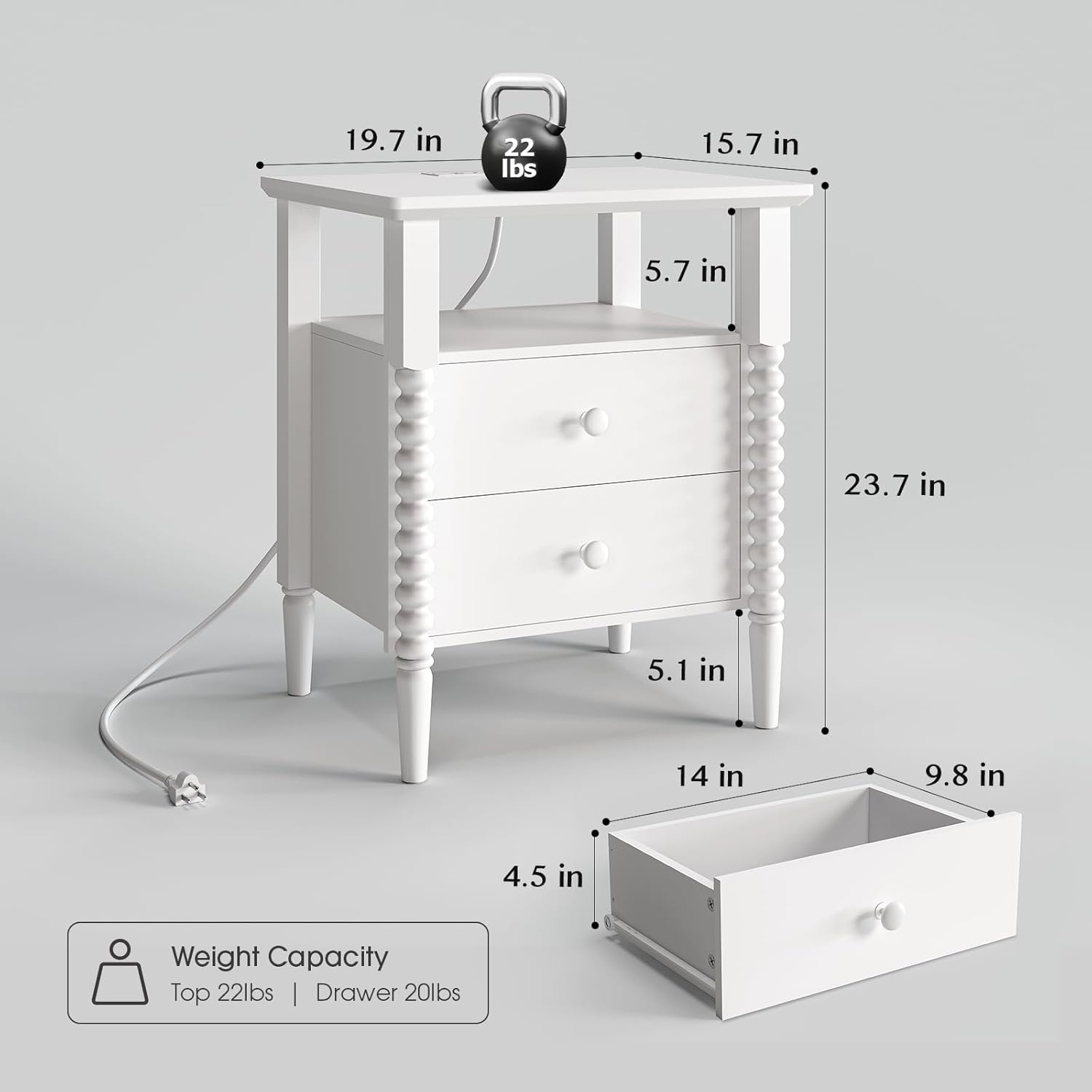 White Nightstand, Vintage Night Stand with Charging Station, Modern Bedside Table with Drawers, End Table with Solid Wood Legs, Bed Side Tables for Bedroom, White