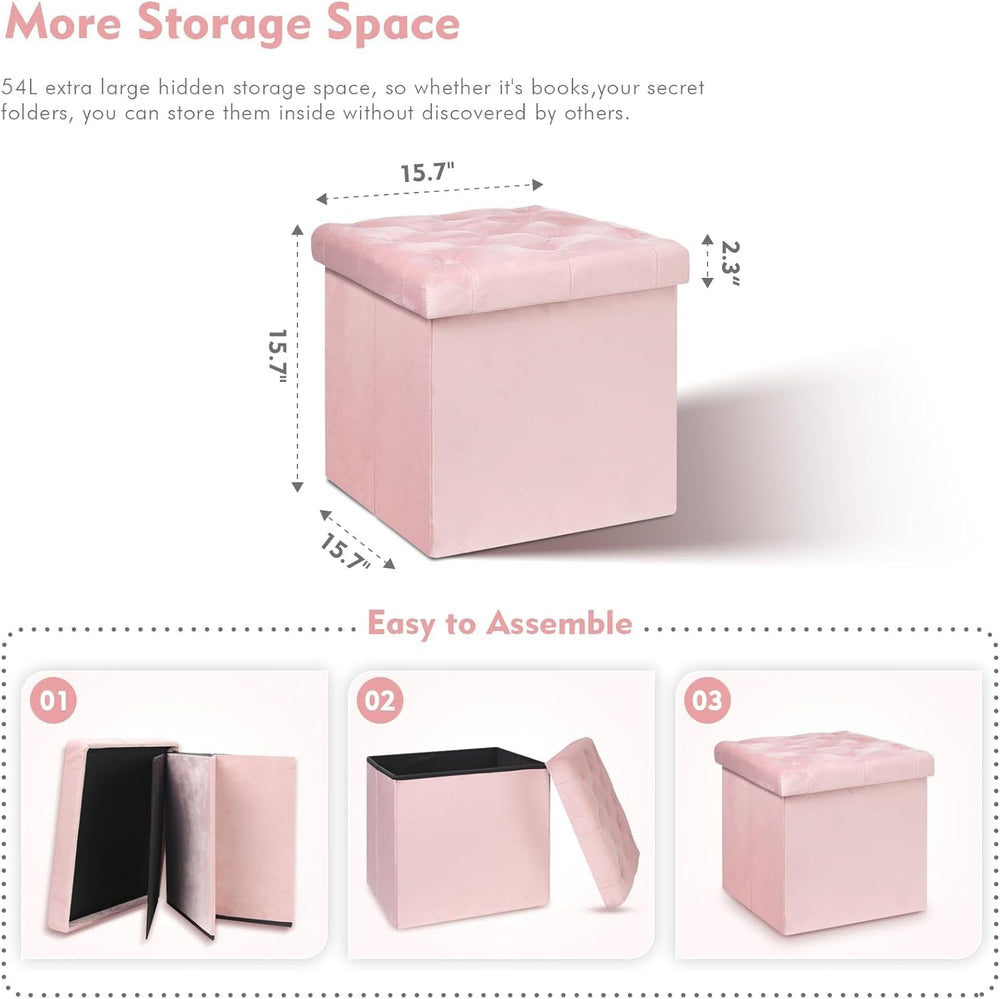 B FSOBEIIALEO Storage Ottoman Cube, Velvet Tufted Folding Ottomans with Lid, ...