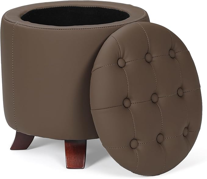 Athena Collection 15 Inch Small Ottoman with Storage, Round PU Leather Storage Ottoman Foot Rest with Removable Lid, Multipurpose Footstool Footrest for Living Room, Bedroom, Dorm, Brown