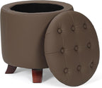 Athena Collection 15 Inch Small Ottoman with Storage, Round PU Leather Storage Ottoman Foot Rest with Removable Lid, Multipurpose Footstool Footrest for Living Room, Bedroom, Dorm, Brown