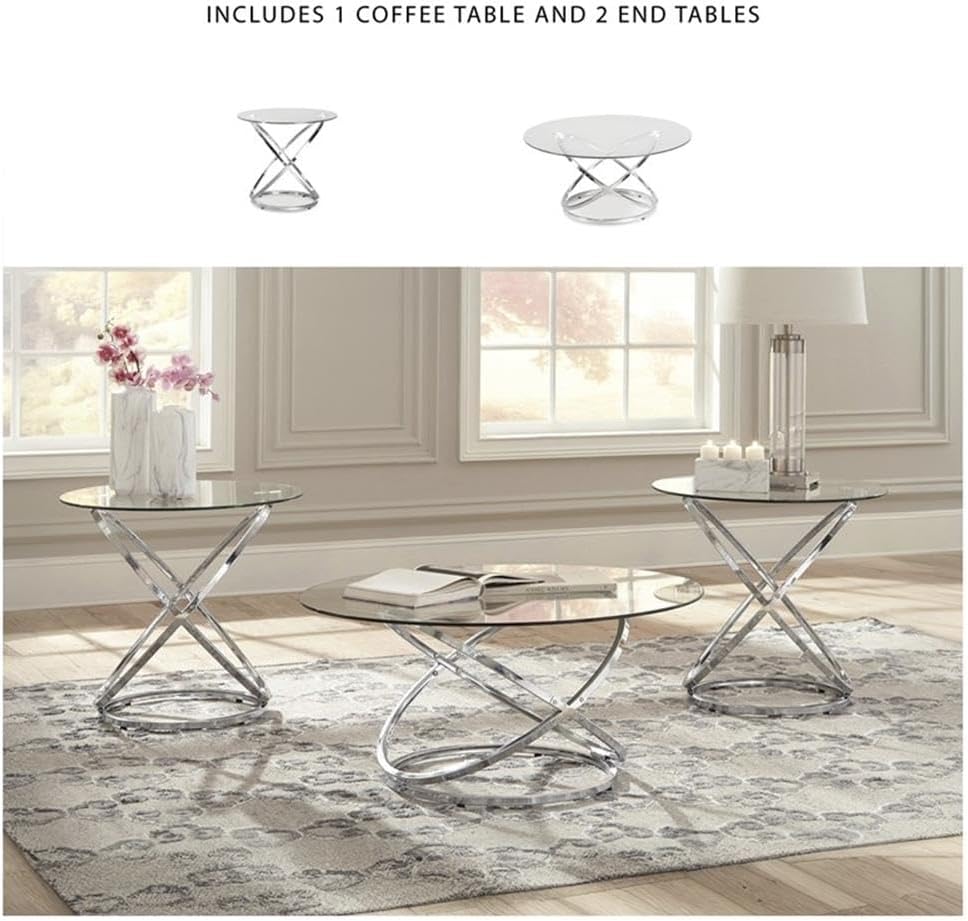 BOWERY HILL Modern 3-Piece Coffee Table Set, Glass Top with Chrome Metal Ring...
