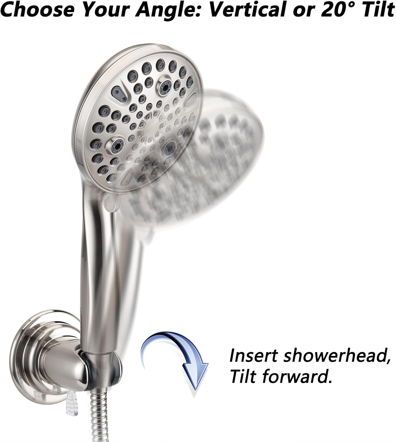 BOPai Suction Cup Shower Head Holder for Handheld Shower – No Drill, for Smooth Surfaces Only, Adjustable 20°, Brushed Nickel