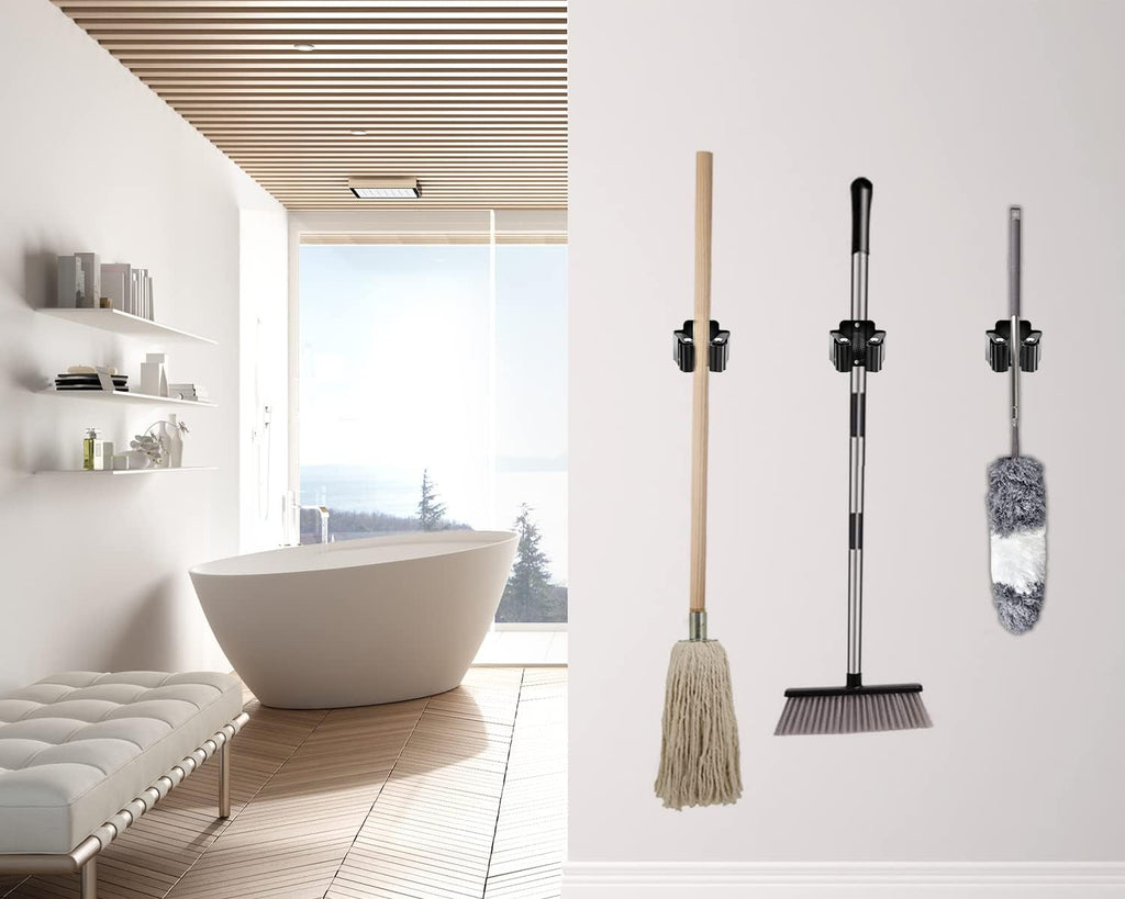 Verdenu 10 Pack Broom Holder Wall Mount, Mop Holder Wall Mounted, Stainless Steel Command Broom Holder with Screws, Garden Tool Rack Wall Mount for Kitchen, Home, Bathroom, Garage Storage, Black