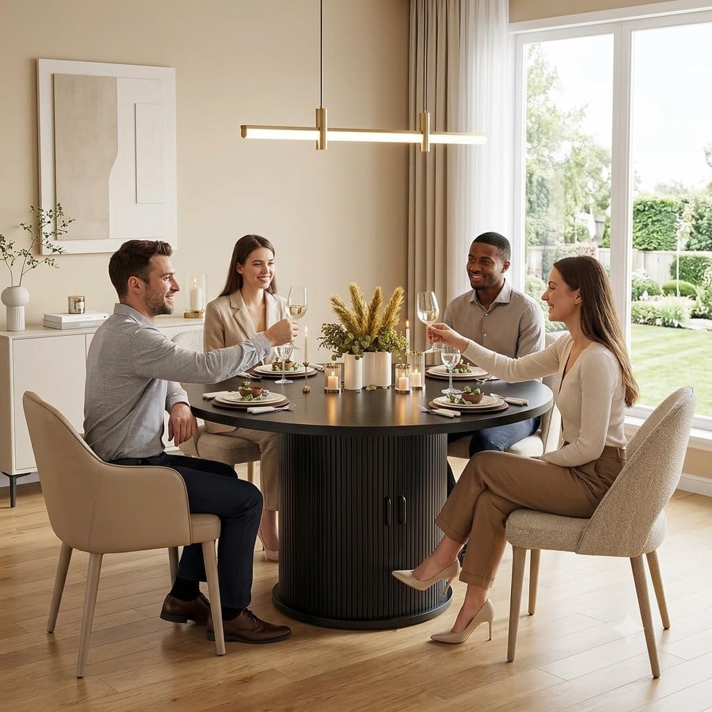 47 Inch Round Dining Table with Storage, 2-Layer Shelf & Wood Slide Door, Farmhouse Style, Waterproof Top, 330 lbs Capacity, for 4-6 Person, Easy Assembly, Ebony
