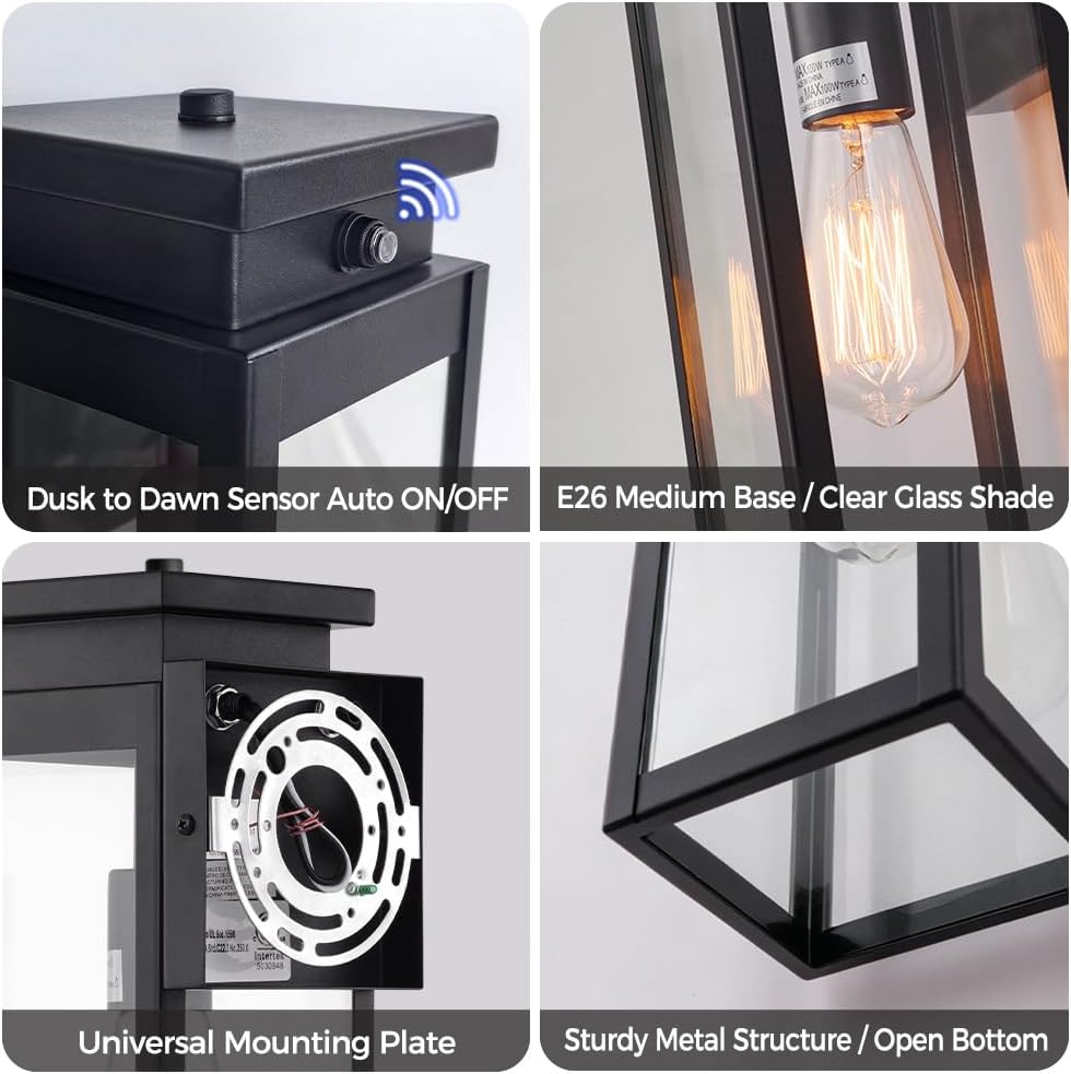 Cerdeco 15" Dusk to Dawn Outdoor Wall Light with 4-Side Clear Glass,2 Pack