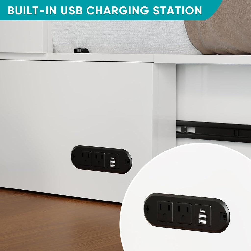 BALUS Full Size Murphy Bed, Murphy Cabinet Bed with USB Charging Station & Storage Drawers, Full Murphy Cabinet Beds for Living Rooom, Apartment, Home Office, Bedroom, No Mattress-White