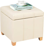 Adeco Square Storage Ottoman with Hinged Lid, 16" Upholstered Foot Stool & Seat for Entryway, Living Room, Faux Leather with Wood Legs (Ivory White)