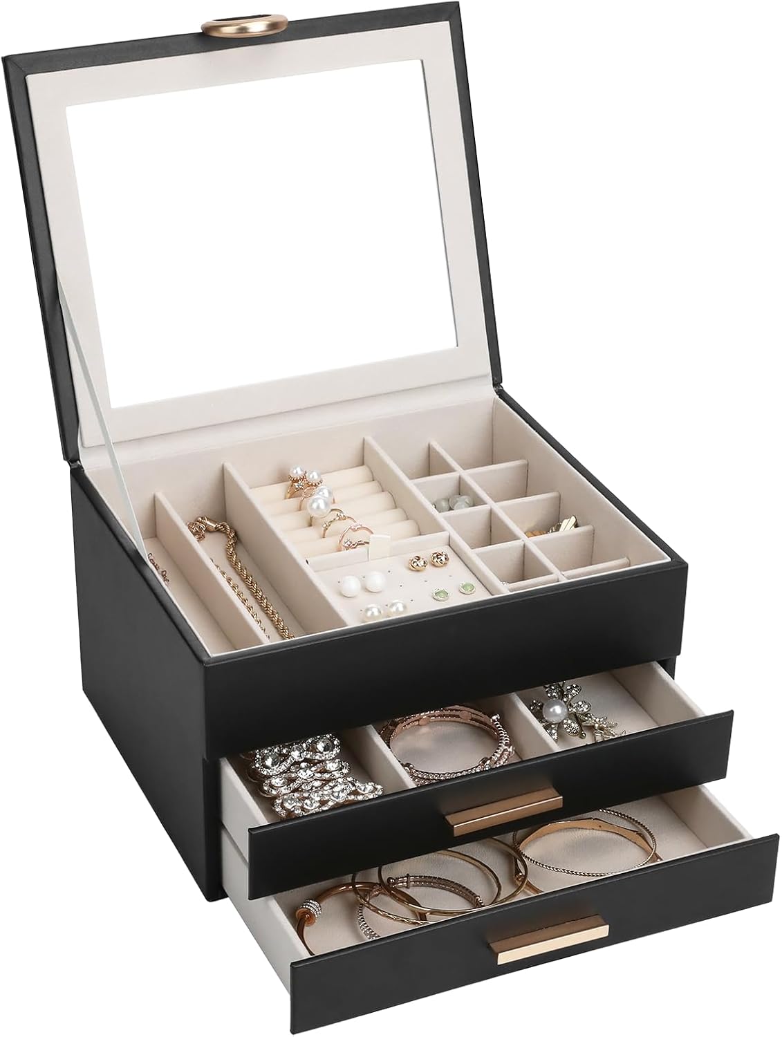 Women's Luxury Jewelry Armoire with Mirror - Compact 2-Drawer Chest with Ring Rolls & Necklace Hooks, Ideal Gift for Women Black
