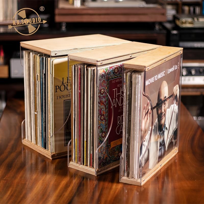 Vinyl Record Storage Holder,Stacks up to 30 Albums, Solid Wood & Clear Acrylic,Canbe stack,Premium Display, Simple and Contemporary Concept Design for 12” Records LP, DVDs, or CDs (composite board, 3)