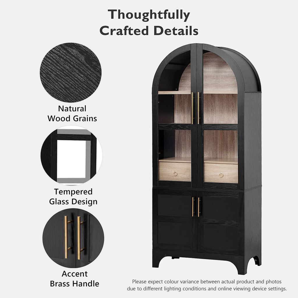 71" Tall Arched Kitchen Pantry with Door Shelves and Hidden Drawer, Arched Kitchen Storage Cabinet with Open & Adjustable Shelves, Cupboard with Glass Door, Bookshelf Bookcase (Black)
