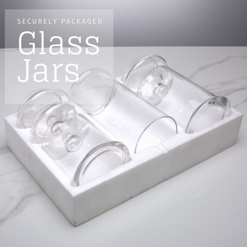 Set of 3 Glass Apothecary Jars with Lids, Clear Bathroom Storage Organizer Canister Set for Qtips, Cotton Swabs, Cotton Balls, Bath Salts (H: 11", 8.5", 7.5", D: 5"; 23 FL.OZ, 34 FL.OZ and 45 FL.OZ)