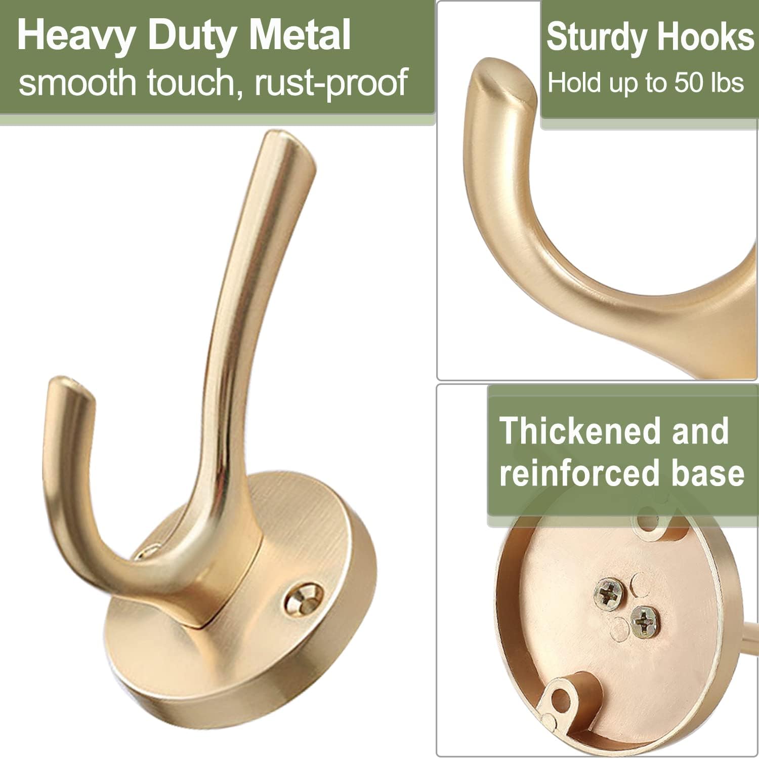 Gold Coat Hooks for Wall, 3 Pack Towel Hook Heavy Duty Metal Double Bath Robe Hook Wall Mount, Hat Hooks for Cubicle Bathroom Kitchen Closet Garage