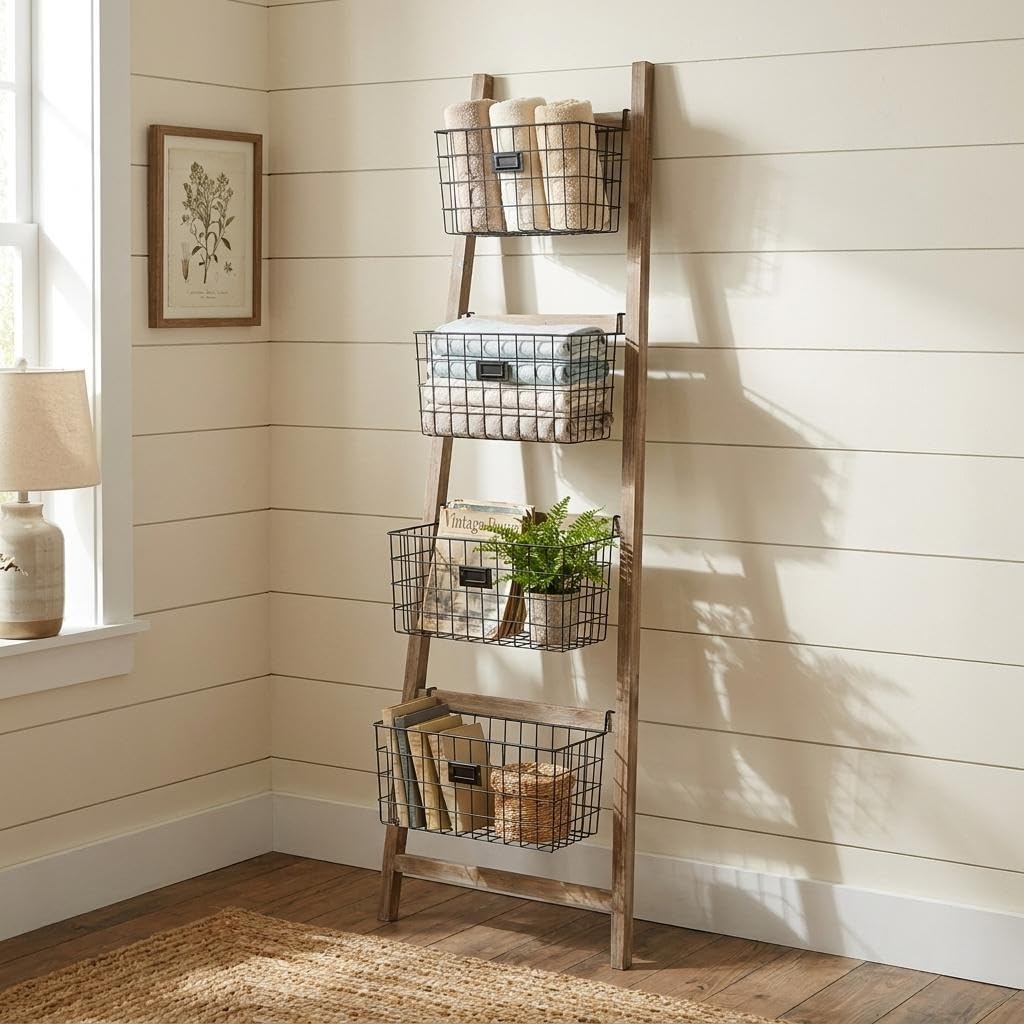 HomeRoots 73" Natural And Black Wood And Metal Storage Ladder With Baskets